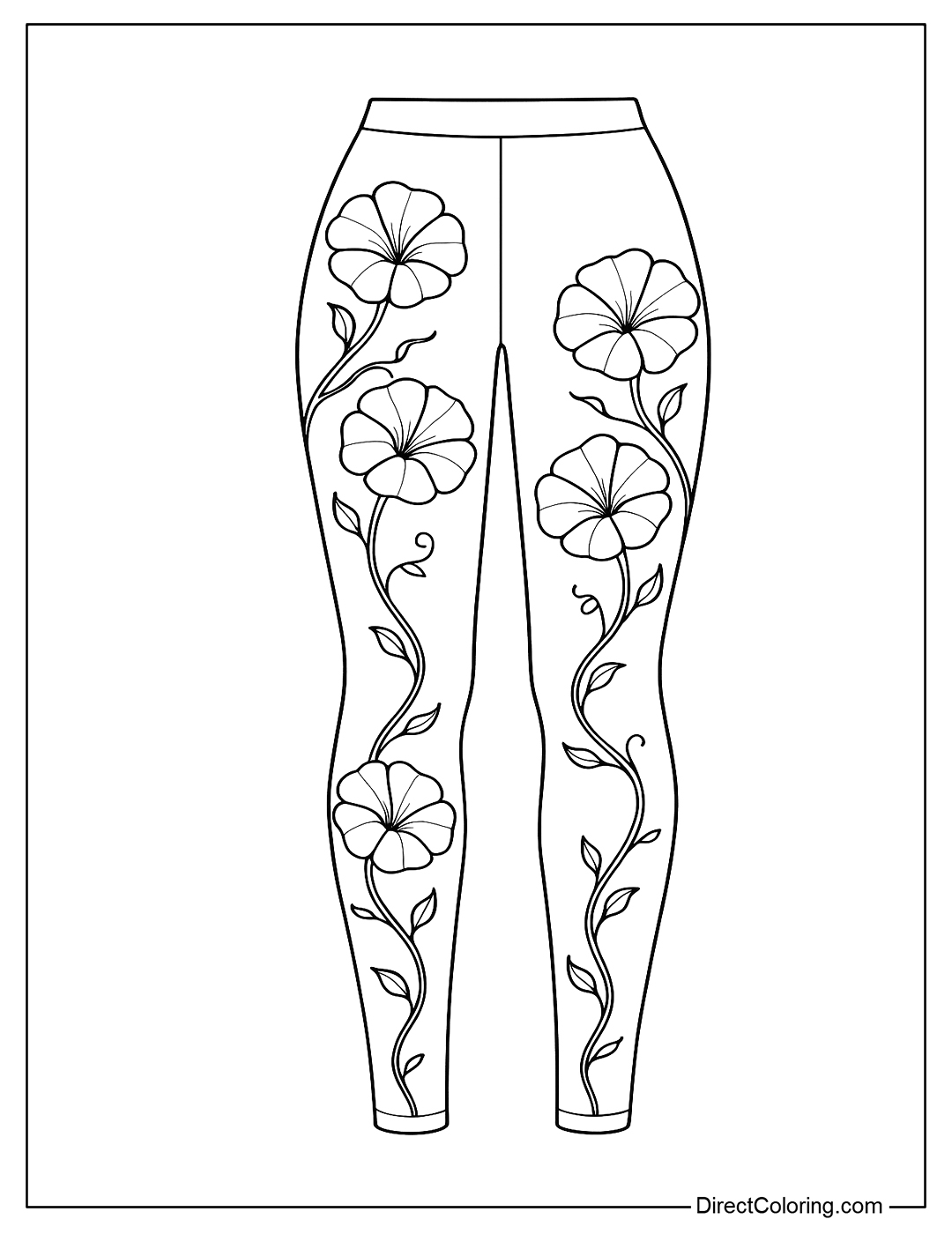 Morning Glory tights coloring page with morning glory pattern from the ankle to the thigh, vines around the legs